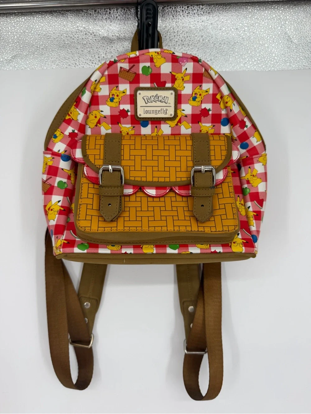 Loungefly Red Check Pikachu Picnic Mini Backpack with Brown Accents